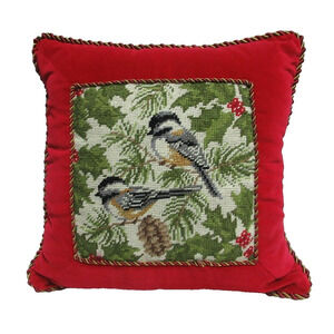 Chickadee Needlepoint Throw Pillow With Cord Pinecones/Holly C&F Home 15" x 15"